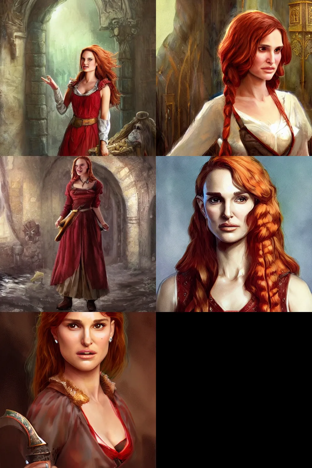 Prompt: Natalie Portman as a red haired innkeeper, fantasy concept art by J.Dickenson.
