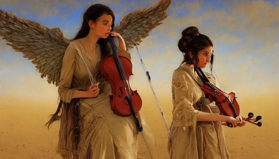 Image similar to angel with wings alone playing on a violin in the desert, oriental painting, sunny morning, russian oil painting, serov, surikov, vasnetsov, repin, kramskoi, paint texture, uplight, insanely detailed and intricate, high resolution, Charlie Bowater, Tom Bagshaw, Norman Rockwell, octane rendered, unreal engine, illustration, trending on artstation, masterpiece, 8k