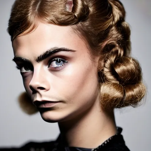 Image similar to photo of a gorgeous 20-year-old Cara Delevingne 1910s hairstyle by Mario Testino, detailed, head shot, award winning, Sony a7R -