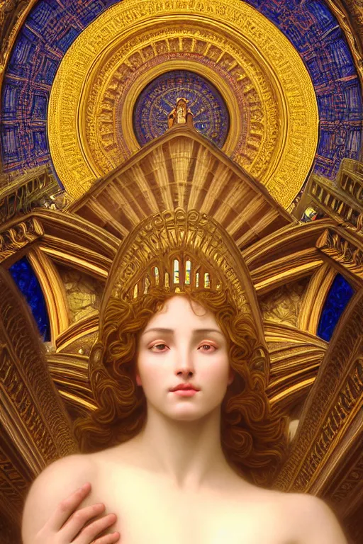 Prompt: portrait of a beautiful goddess face merging with a cathedral building, unusual beauty, etheric, emotionally evoking symbolic metaphors, head in focus, fantasy, ornamental, intricate, elegant, sensual, highly detailed digital painting, artstation, concept art, painterly, golden ratio, sharp focus, illustration, art by Antonio Mora and John William Godward and Alphonse Mucha and Zdzisław Beksiński,