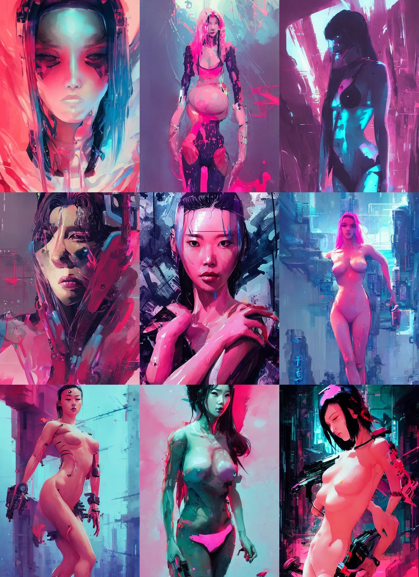 Prompt: lee jin - eun emerging from pink water in cyberpunk theme by peter andrew jones and conrad roset, rule of thirds, seductive look, beautiful