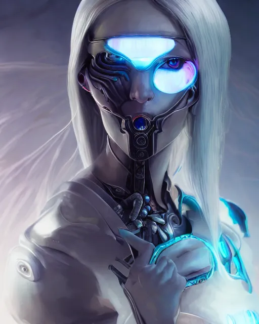 Image similar to holy cyborg necromancer girl, elegant, perfect face, scifi, futuristic, utopia, garden, illustration, atmosphere, warframe, blue eyes, white hair, focused, artstation, nier automata, highly detailed, art by yuhong ding and chengwei pan and serafleur and ina wong