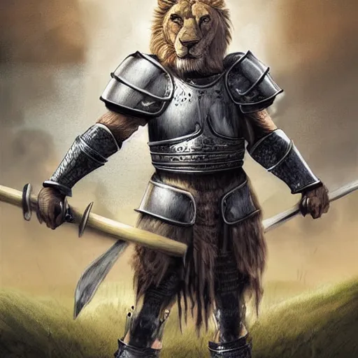 Image similar to book cover about a medieval lion knight, digital art, realistic, detailed, fantasy