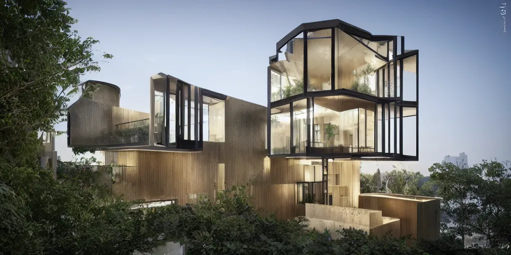 Prompt: 3d exterior rendering of beautiful nature meets architecture concept of a residential house by Kengo Kuma, volumetric lighting, luxury, high detail, 14mm, glass railing, outdoor staircase, terraces, roof garden, cinematic photography, cg architects, high resolution