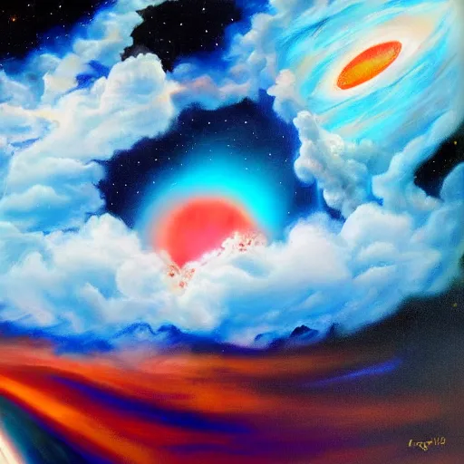 Image similar to painting of a space time portal, surreal, beautiful clouds