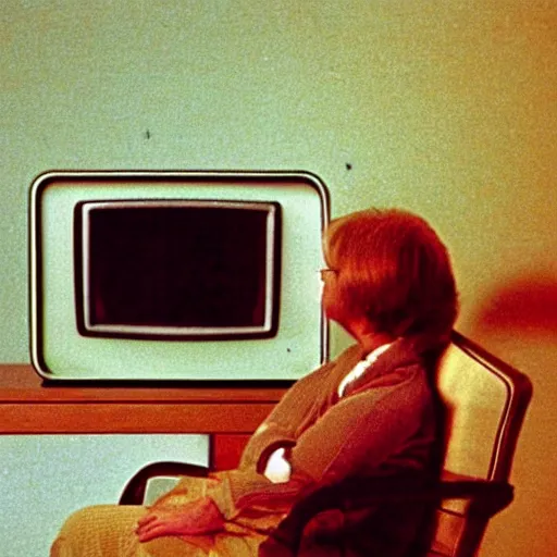 Image similar to a television from the 1970s in a living room next to a chair and a christmas tree, an alien is sitting on the chair, 1981 Life Magazine photo, depth of field