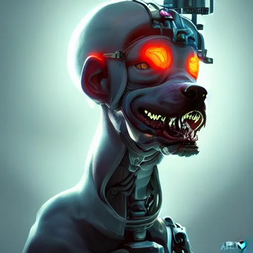 Image similar to an amazing portrait of a cute mad cyborg pitbull. intricate, epic lighting, cinematic composition, hyper realistic, 8 k resolution, unreal engine 5, by artgerm, tooth wu, dan mumford, beeple, wlop, rossdraws, james jean, marc simonetti, artstation