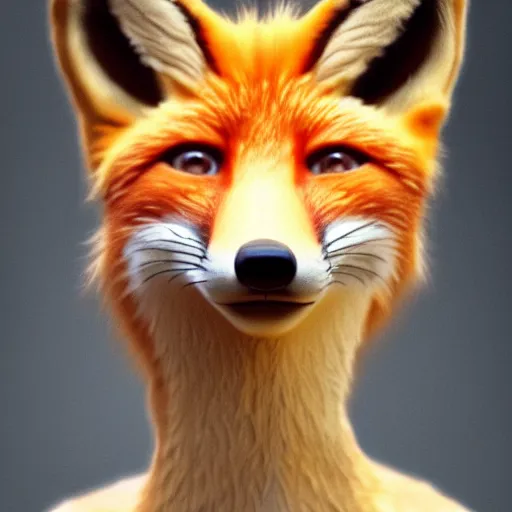 Image similar to woman - fox hybrid, fox ears and fox facial features, furry face, close - up, headshot, detailed, symmetric