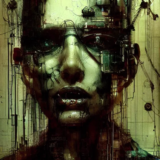 Image similar to screaming cyberpunk, wires, machines by emil melmoth zdzislaw belsinki craig mullins yoji shinkawa realistic render ominous detailed photo atmospheric by jeremy mann francis bacon and agnes cecile ink drips paint smears digital glitches glitchart