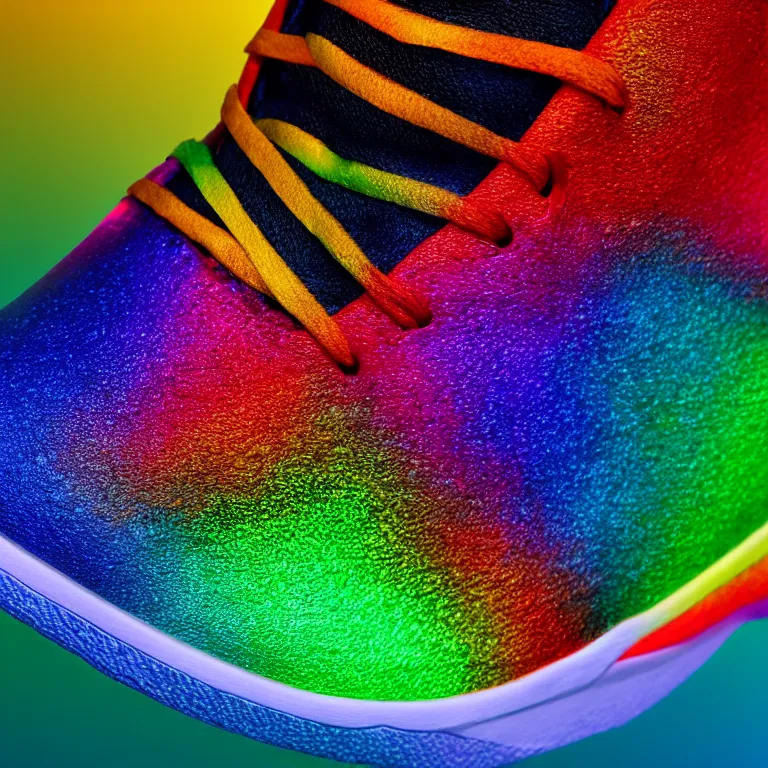 Image similar to photography of a realistic rainbow color air jordan sneaker, ultra detailed, 8 k, cinematic lighting, natural background, trending on artstation