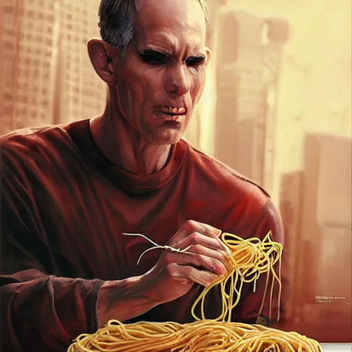 Image similar to locutus eating spaghetti concept art, ultra realistic, digital art, rich deep colors, smooth shadows, high resolution, cinematic