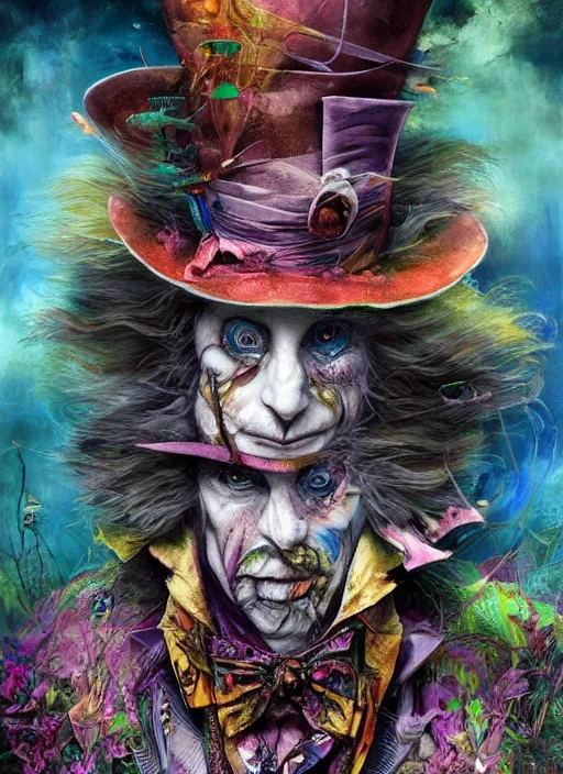 Image similar to mad hatter, solarpunk style, highly detailed, cinematic, 8 k, by megan duncanson, benjamin lacombe, adrian borda, stanley artgermm, tom bagshaw, craig mullins, carne griffiths, ayami kojima, beksinski, giger, trending on deviantart, hyper detailed, horror, full of colour