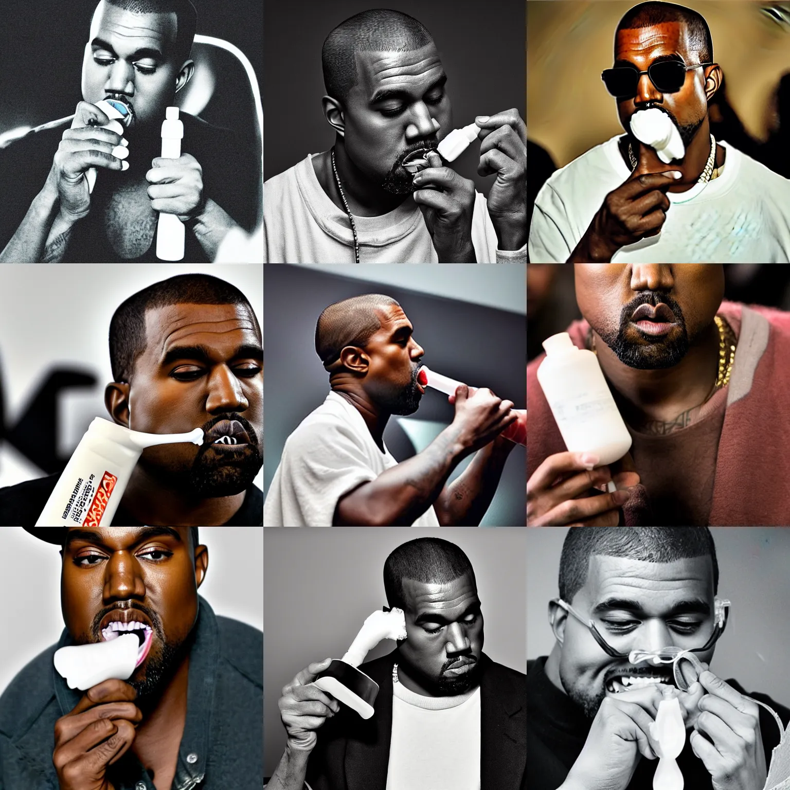 Prompt: kanye west drinking toothpaste holding a tube of toothpaste to his mouth