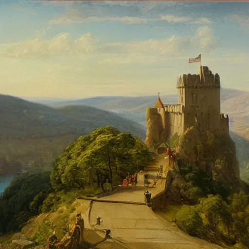 Image similar to a painting of a castle on top of a mountain, a matte painting by Charles Cundall,hudson river school, matte painting, rococo, detailed painting