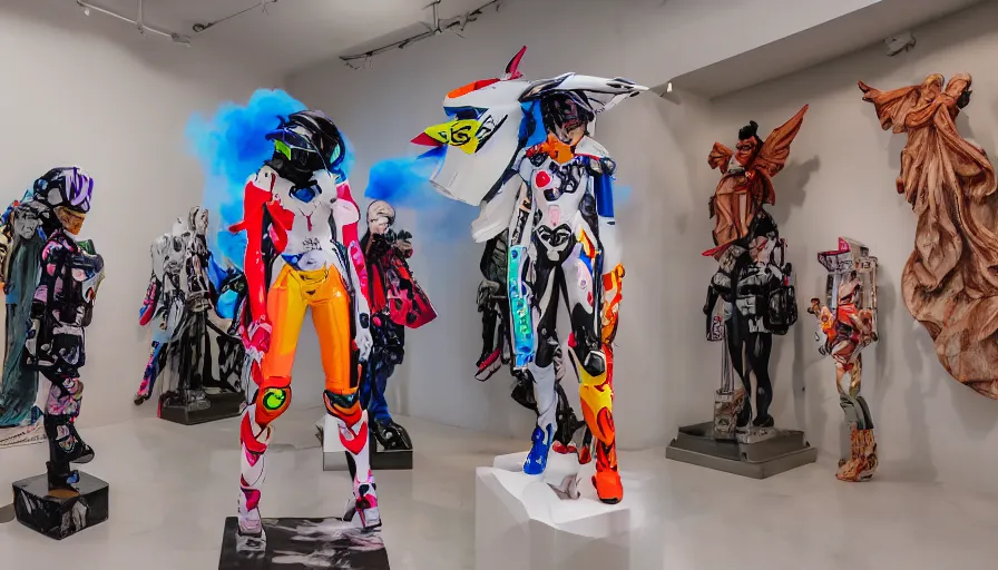 Prompt: extremely beautiful photo of a white marble statue of an anime girl with colorful motocross logos and motorcycle helmet with closed visor, standing in an airy light fashion boutique, large space, colorful smoke in the background, carved marble statue, fine art, neon genesis evangelion, virgil abloh, offwhite, denoise, highly detailed, 8 k, hyperreal