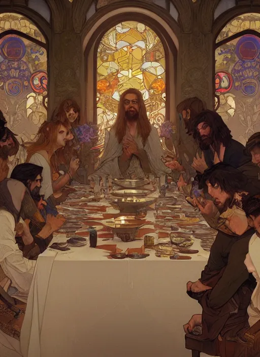 Prompt: the last supper beautiful painting by arthur addams and greg rutkowski and alphonse mucha, highly detailed, illustration, epic, fantasy, intricate, hyper detailed, artstation, concept art, smooth, sharp focus, ray tracing