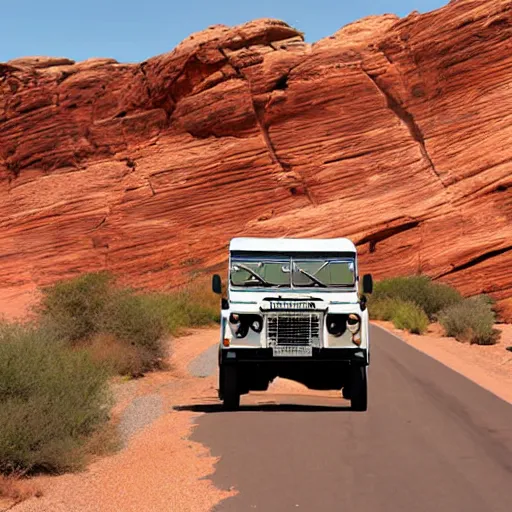 Image similar to a vintage land rover defender drives along a 2 lane road in the valley of fire, drone photo