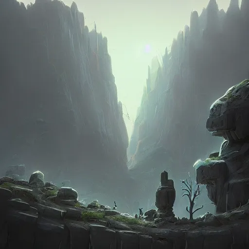 Image similar to concept art of a giant stone golem, day time, foreboding, fantasy, valley, tomislav jagnjic