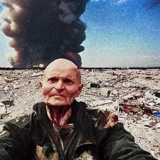 Image similar to last selfie of last alive ukrainian very damaged after a nuclear strike, a nuclear explosions in the background, dead bodies everywhere, 2 0 2 2