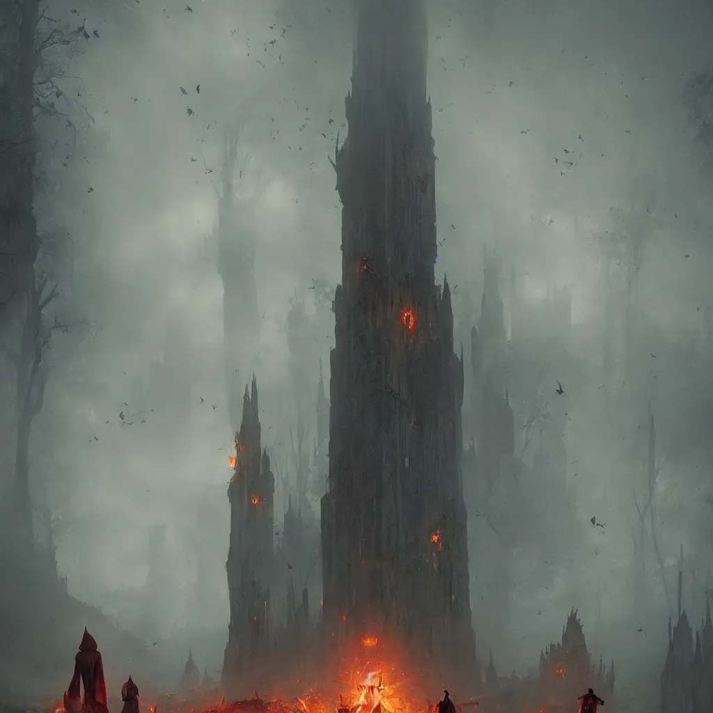 Prompt: devil, scary, magical area, foggy area, by greg rutkowski, sharp focus, man standing, tower, fire, butterflies