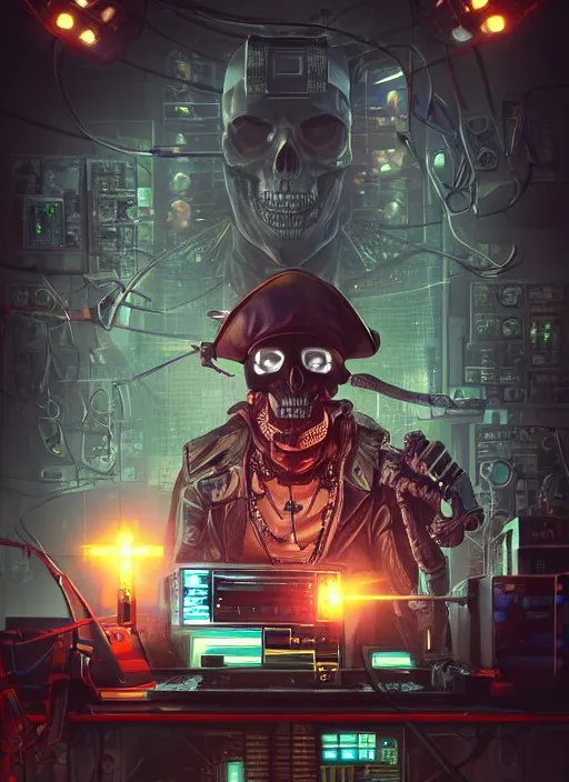 Image similar to a cyberpunk hacker pirate captain skeleton with a pirate hat sitting in front of a crt monitor programming in a dark room, light coming from crt monitor, highly detailed, intricate, digital art, trending on artstation, trending on cgsociety