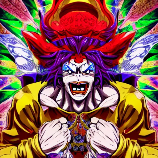 Image similar to 4K headshot of godlike clown with defined arms and open hands and bloody clothes with giant mandala wings , intricate face , flawless anime cel animation by Kentaro Miura, psychedelic , Broly , highly detailed upper body , professionally post-processed , beautiful, scary, symmetry accurate features, epic, octane rendered, anime masterpiece, accurate