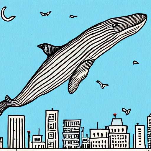 Image similar to illustration of a whale flying over a city at night