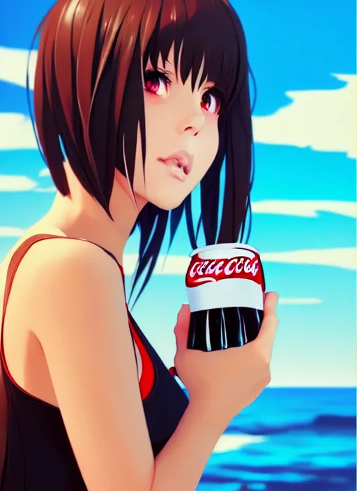 Prompt: full body picture of a girl drinking a coke, highly detailed face, very thirsty, dripping on the body, sharp focus, shiny day beach, extremely beautiful and cute and aesthetic face and body, specular reflection, occlusion shadow, trending on artstation, epic light novel cover art, art by ilya kuvshinov and sakimichan and jeremy lipking