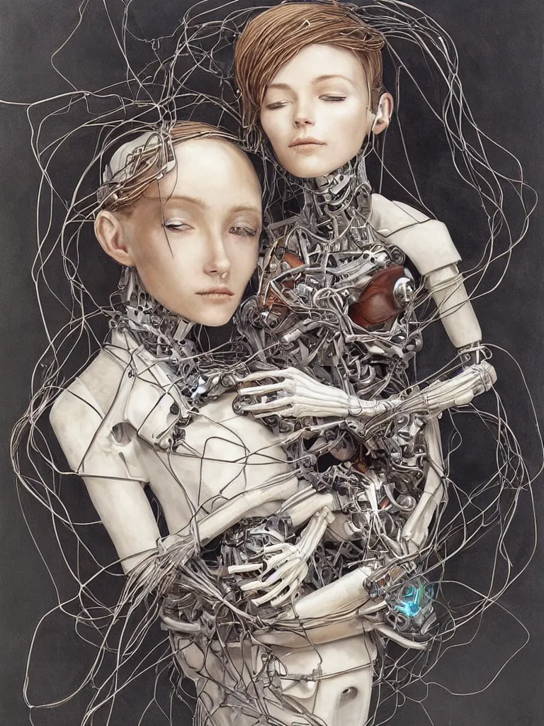 Prompt: portrait of a beautiful female android robot holding a sleeping fox in her arms, there are wires coming from her heart, tangled and entwined with her long flowing hair, mecha, biopunk, skeletal, bones, by Kenne Gregoire