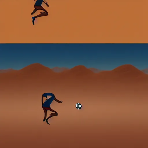 Image similar to a man playing a soccer in the desert, digital art, concept art