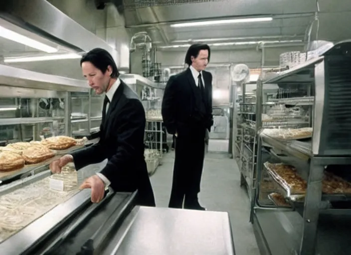 Image similar to film still of keanu reeves as agent smith working in a bakery in the new matrix movie, 4 k