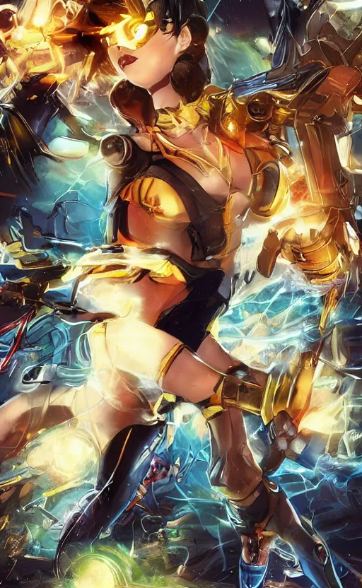 Image similar to tracer game character, in yellow bikini, blonde hair, black eyes, full height