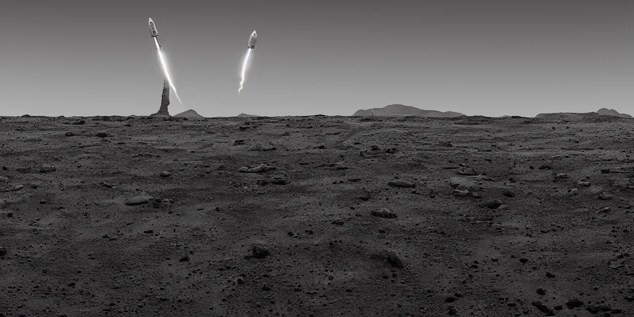 Prompt: black and white photo of a rocket landing on bright mars, black background, cinematic film still, high contrast, astrophotography, 4 k, hard lighting, cgi, octante render,