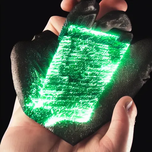 Image similar to a glowing shard of kryptonite held in an open black - gloved hand, black background