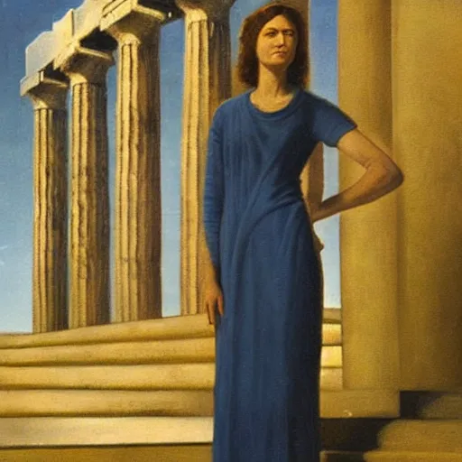 Image similar to a woman in a long dark blue dress is standing in front of a greek temple, by carel willink