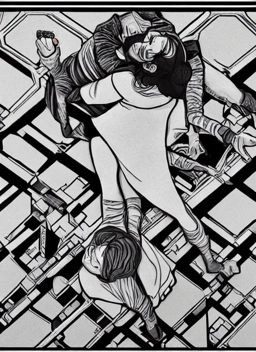 Image similar to reylo in the style of m. c. escher