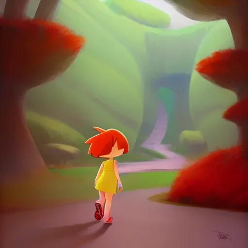 Prompt: goro fujita ilustration dora the explorer with short blonde hair and a long red outfit, walking next to a river in the forest, painting by goro fujita, sharp focus, highly detailed, artstation