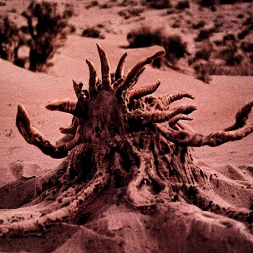 Prompt: in the desert a bloody horrifying The Thing monster , mid day, 35mm photography, realistic,