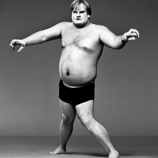 Prompt: chris farley dancing without a shirt on, very detailed