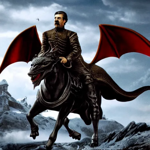 Image similar to Historical photo of Joseph Stalin Riding a Dragon from Game of Thrones, photorealism 8k,