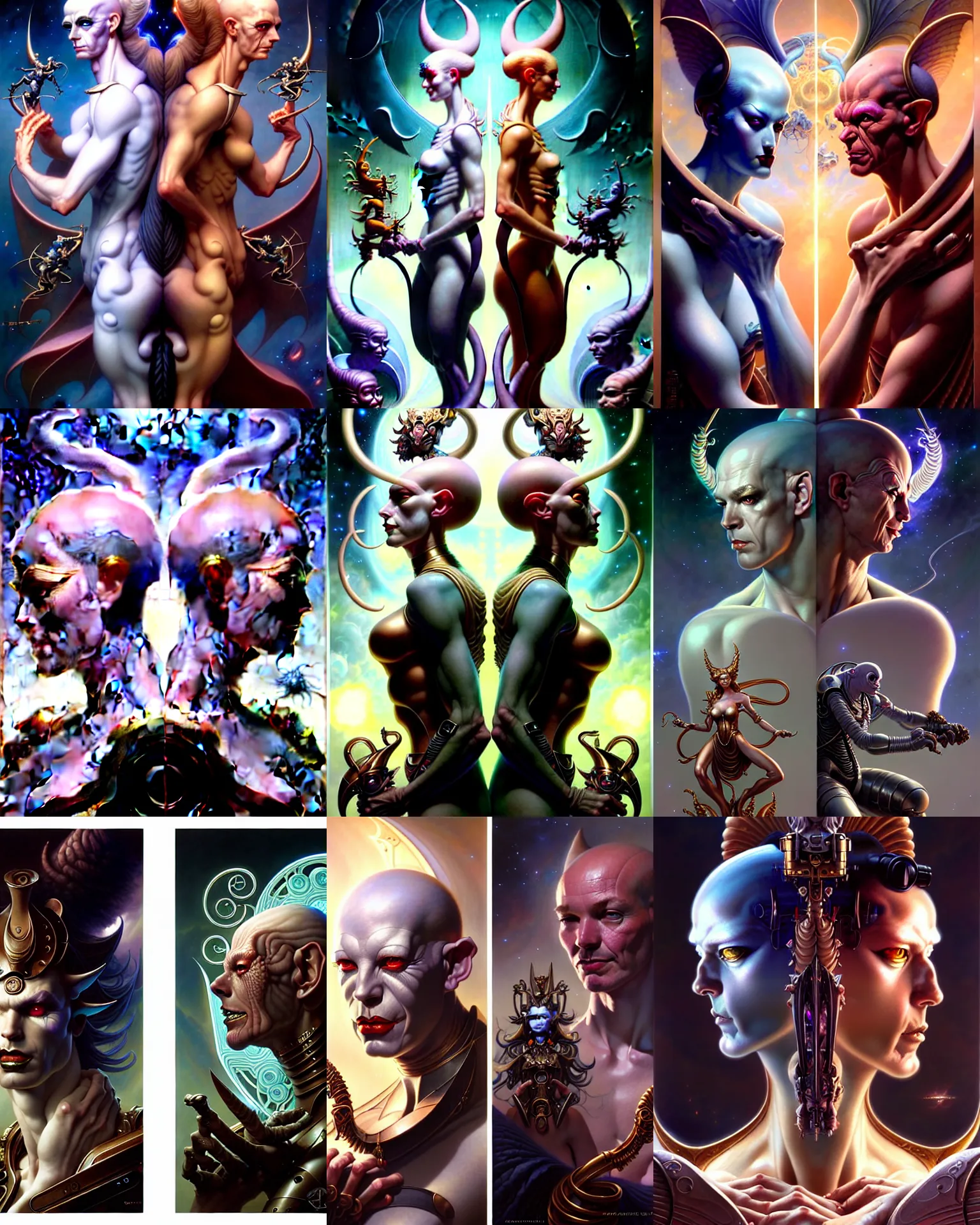 Image similar to beautiful gemini good and evil fantasy character portrait, ultra realistic, wide angle, intricate details, the fifth element artifacts, highly detailed by peter mohrbacher, hajime sorayama, wayne barlowe, boris vallejo, aaron horkey, gaston bussiere, craig mullins