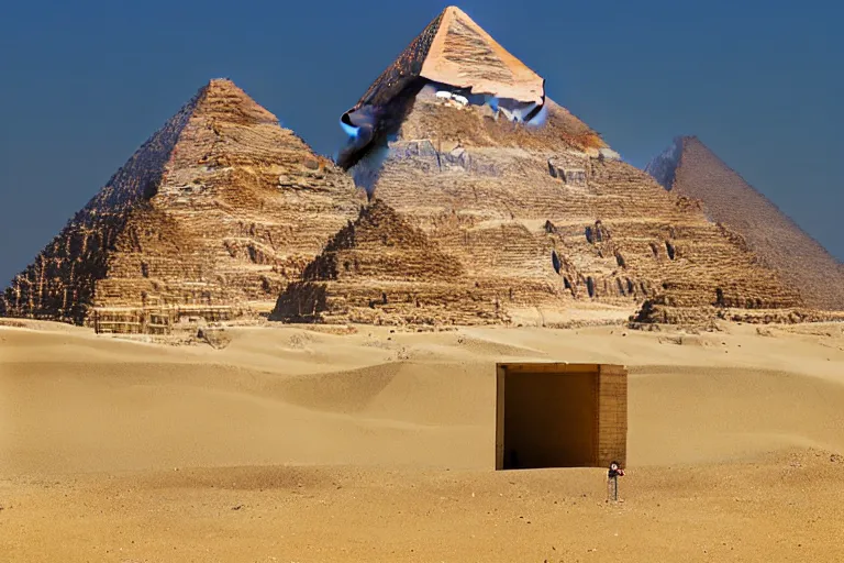 Prompt: pyramids of giza that looks like an office building with windows, realistic, photograph,