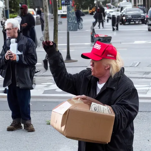 Image similar to donald trump dressed as a homeless man asking for money on the streets