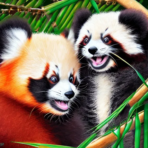 Prompt: animal friends cute fluffy baby red panda and cute fluffy black and white baby panda together with bamboo background, detailed 4k painting in the style of mark brooks