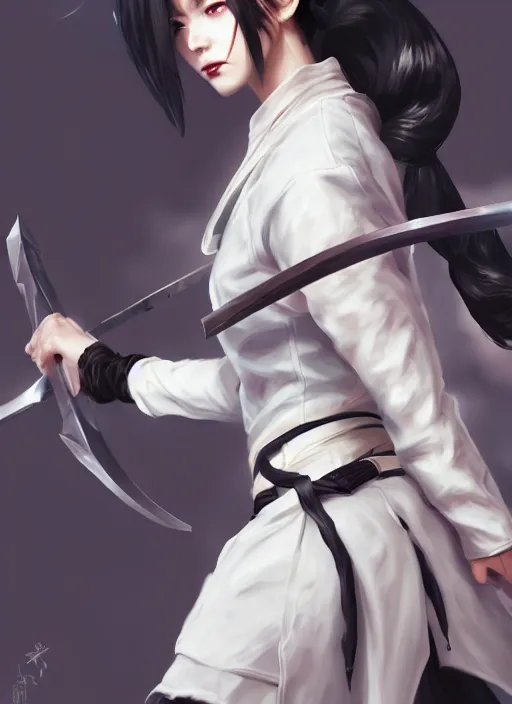 Prompt: a highly detailed illustration of fierce messy ponytail black haired one armed delinquent woman wearing japanese uniform cap wearing long white coat cape, dramatic wielding sword pose, muscular, intricate, elegant, highly detailed, centered, digital painting, artstation, concept art, smooth, sharp focus, league of legends concept art, wlop.