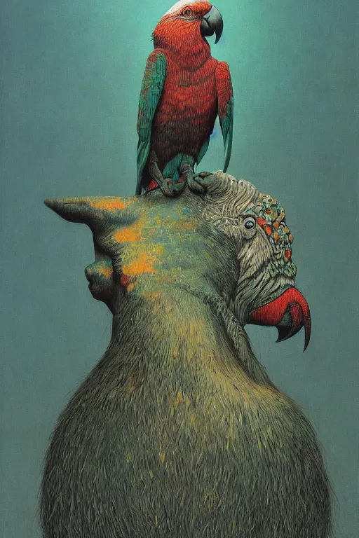 Prompt: painting of cross between parrot & rhino, intercrossed animal, by zdzislaw beksinski, by tiffany bozic, gradient background, concept art, beautiful composition, digital painting,