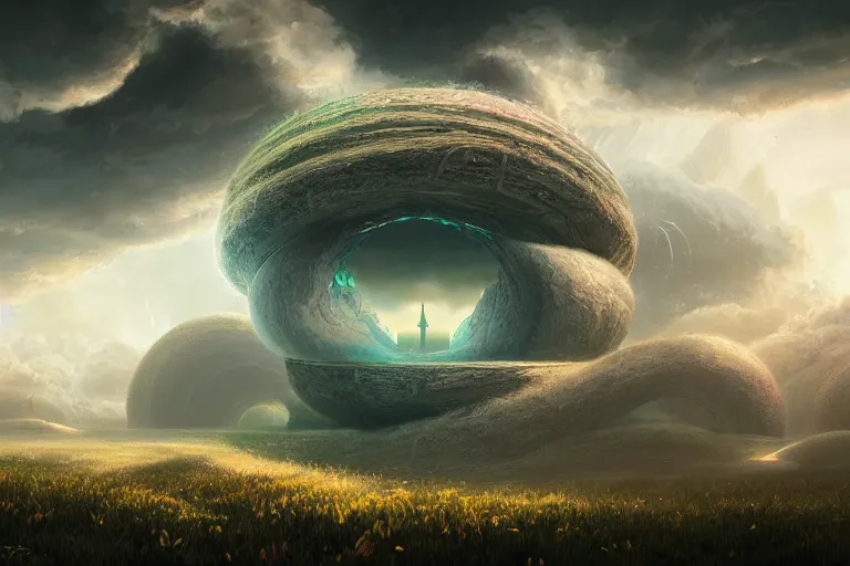 Image similar to a psychedelic realm with rolling plains made out of clouds, and giant portals scattered throughout that lead into the multiverse, in the style of wlop, illustration, epic, fantasy, hyper detailed, smooth, unreal engine, sharp focus, ray tracing