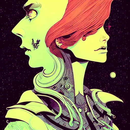 Image similar to cosmic portrait top light, by killian eng and joe fenton and martin deschambault and conrad roset, inspired by victorian vertigo comics, etching, fine, sharp high detail,