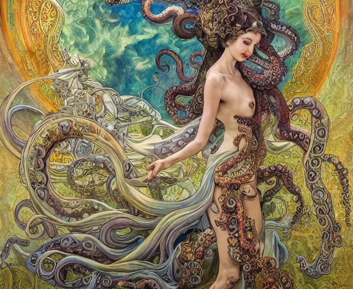 Image similar to portrait of an octopus goddess, full body shot, rule of thirds, wide angle, amazing landscape in background, magic realism, fantasy, whimsical, horror, art by riot games and chengwei pan and josephine wall and amanda sage and alphonse mucha, intricately detailed, highly detailed, luxurious, elegant, clean, unsettling, trending on artstation