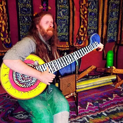 Prompt: Varg Virkenes as crazy bard, playing the nyckelharpa in his beautiful house, hyper detailed, hyper realistic, flavour of magick, full of earthly colours with some neon accents